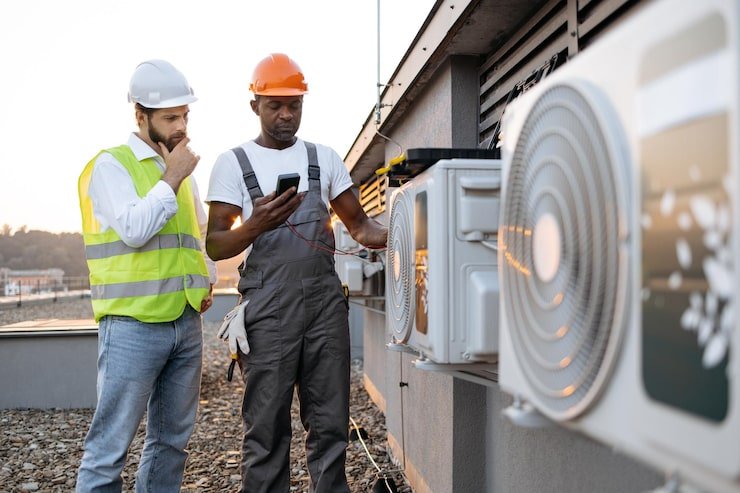 team two multiracial technicians checking voltage with modern multimeter discussing repairing cooling system competent male inspectors with toolbox looking air conditioner outdoors 161094 16109