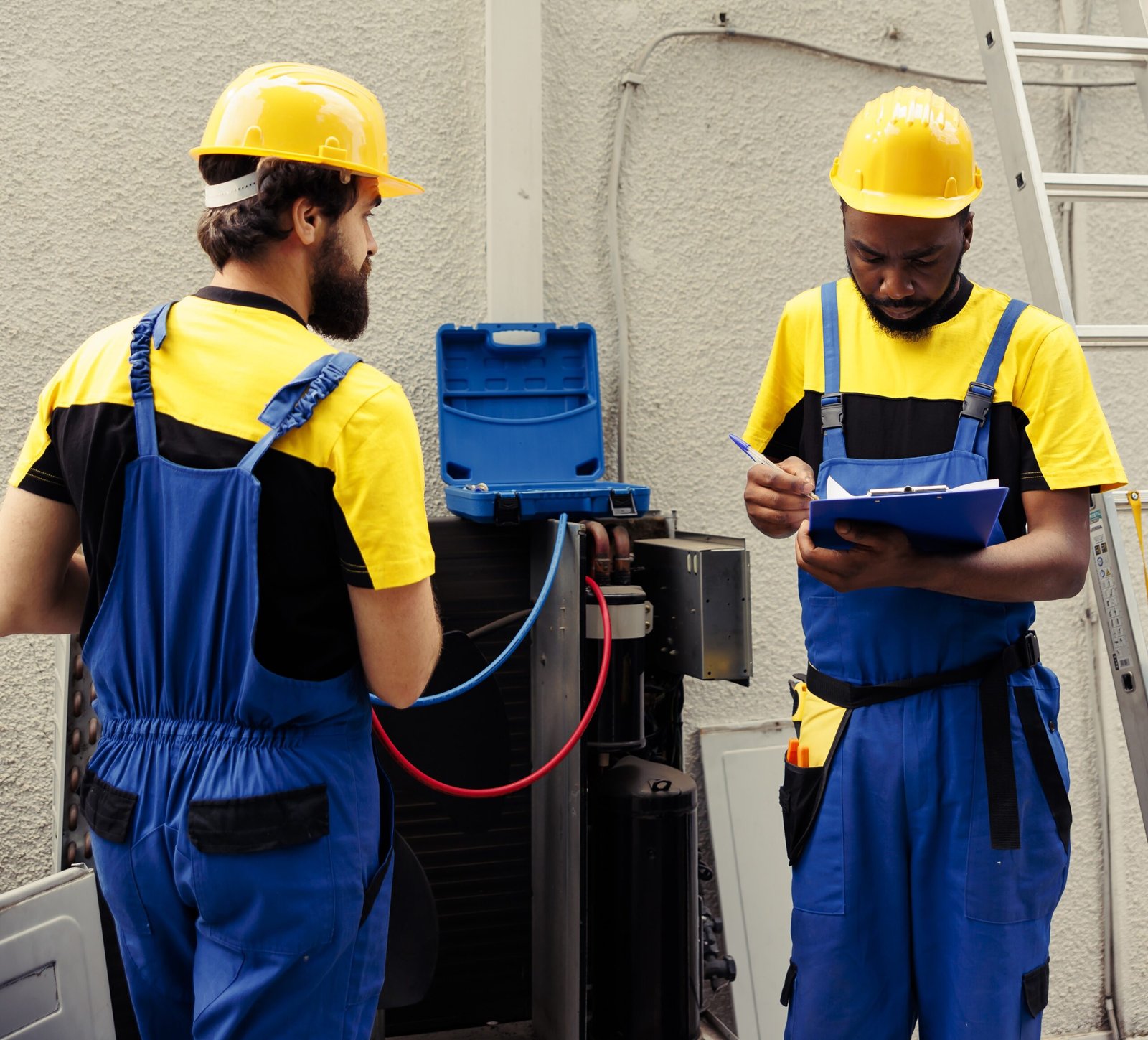 workers using hvac manifold indicators scaled
